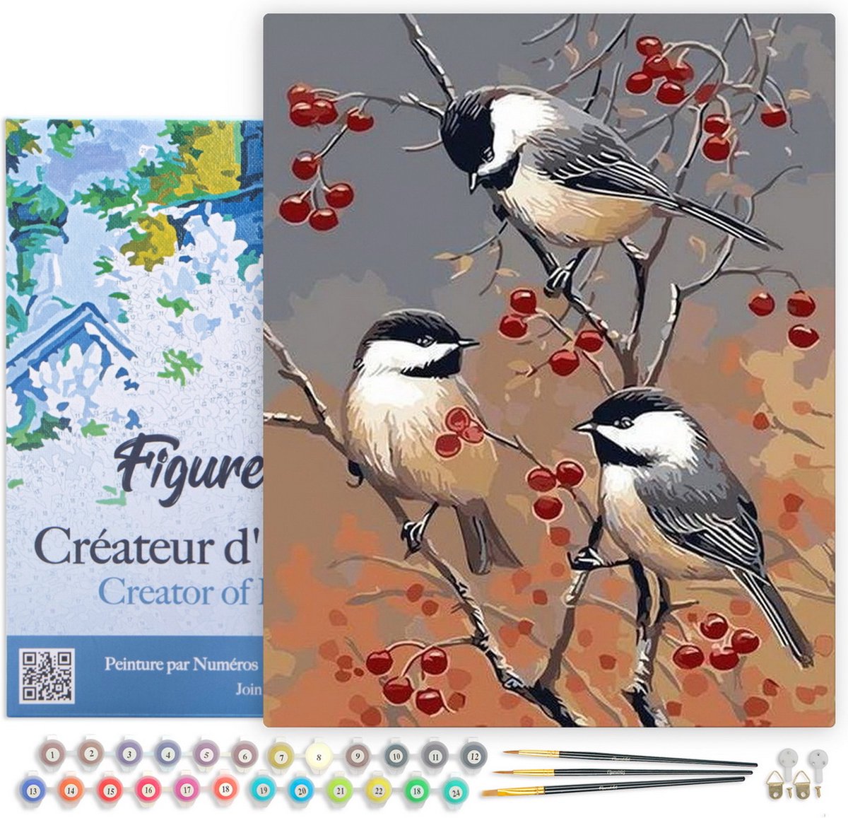 FiguredArt Schilderen op Nummer Volwassenen met lijst - Vogels en fruitboom - Handwerk acrylverf Kit DIY Compleet - 40x50cm Canvas al ingelijst